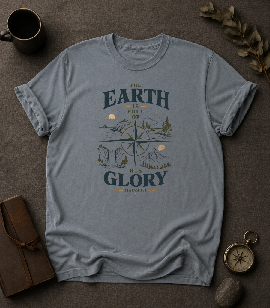 granite Comfort Colors t-shirt with "The Earth Is Full of His Glory" Isaiah 6:3 compass rose landscape design in Bay colorway, styled with coffee mug, compass, and leather journal