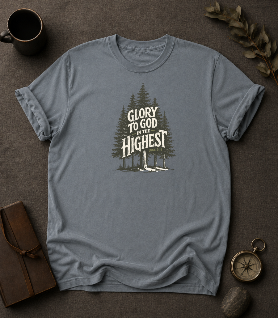 granite Comfort Colors t-shirt with pine forest illustration reading 'Glory to God in the Highest, Luke 2:14'"
