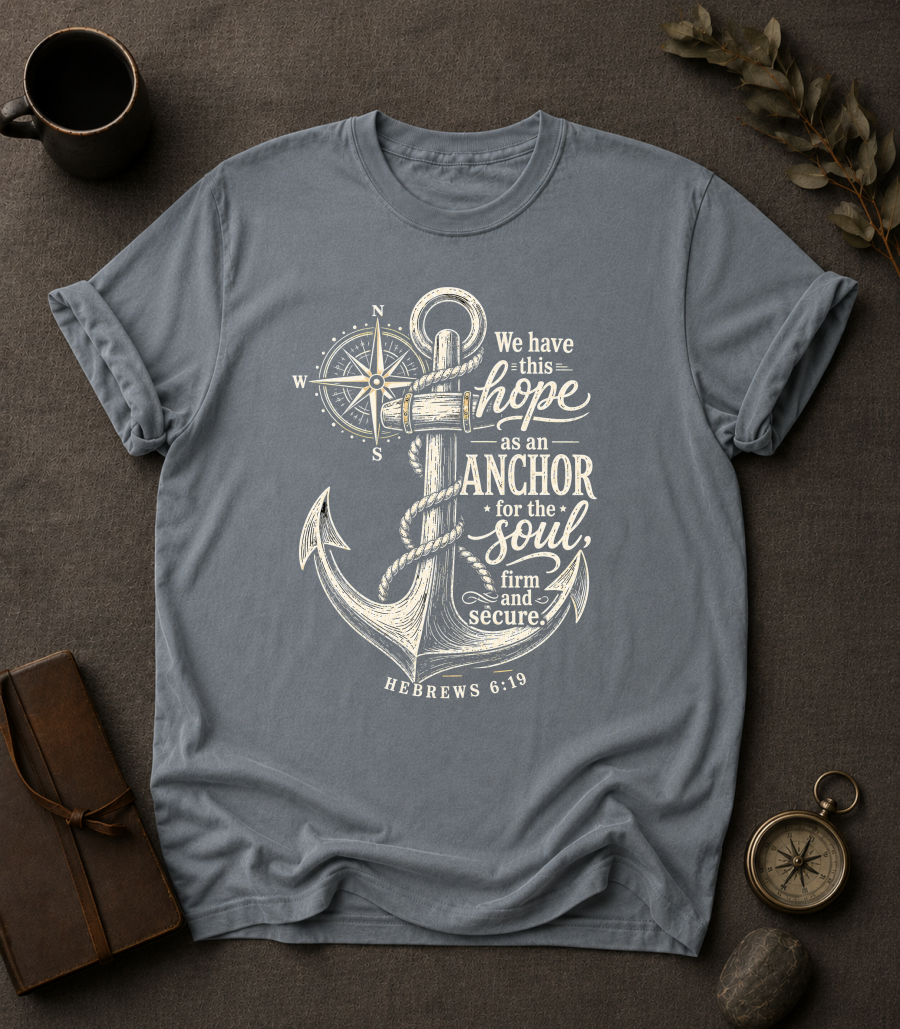 granite Comfort Colors t-shirt with navy anchor and compass design, Hebrews 6:19 — 'We have this hope as an anchor for the soul'