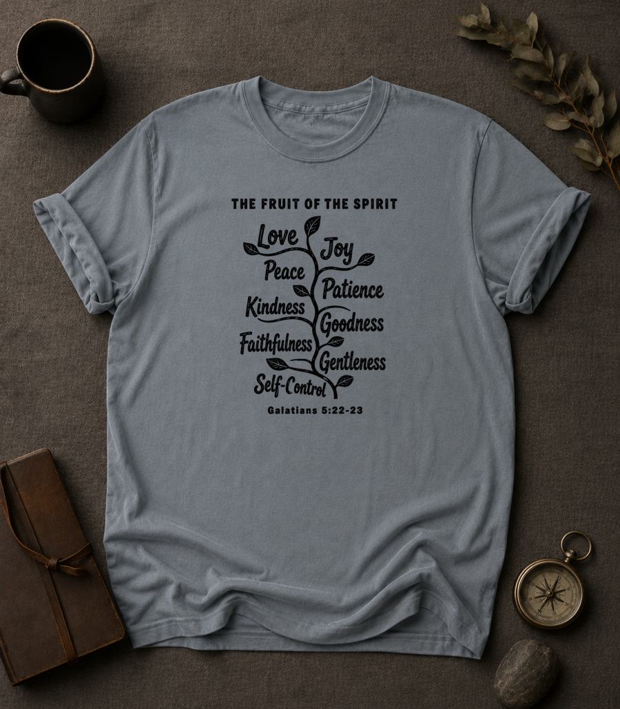 granite Comfort Colors t-shirt with vine illustration listing the Fruit of the Spirit — love, joy, peace, patience, kindness, goodness, faithfulness, gentleness, self-control — Galatians 5:22-23"