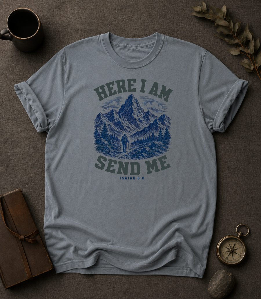 Granite Comfort Colors t-shirt with 'Here I Am Send Me' Christian design, Isaiah 6:8