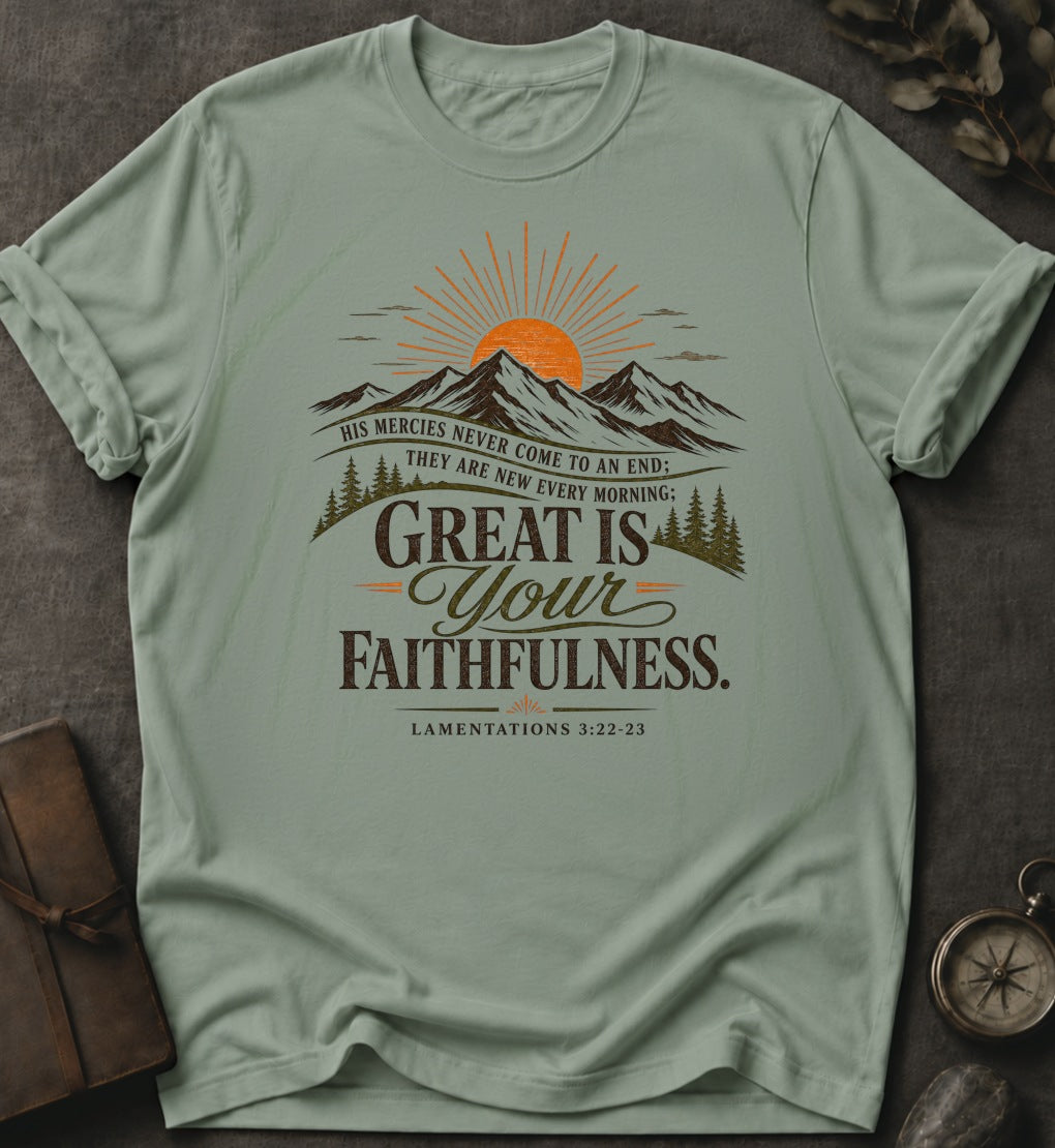Great Is Your Faithfulness Christian T-Shirt in Bay - Comfort Colors 1717 | To His Glory Club