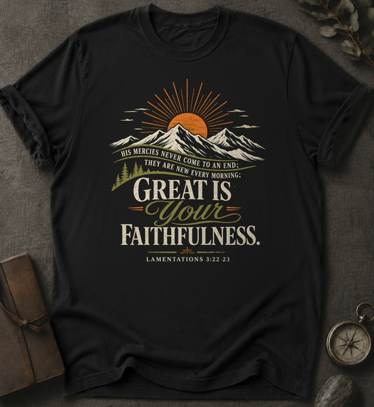 Great Is Your Faithfulness Christian T-Shirt in Black - Comfort Colors 1717 | To His Glory Club