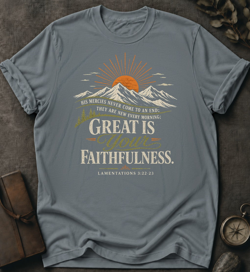 Great Is Your Faithfulness Christian T-Shirt in Granite - Comfort Colors 1717 | To His Glory Club