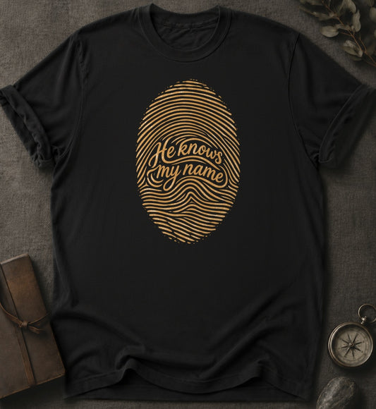 He Knows My Name Christian T-Shirt in Black - Comfort Colors 1717 | To His Glory Club