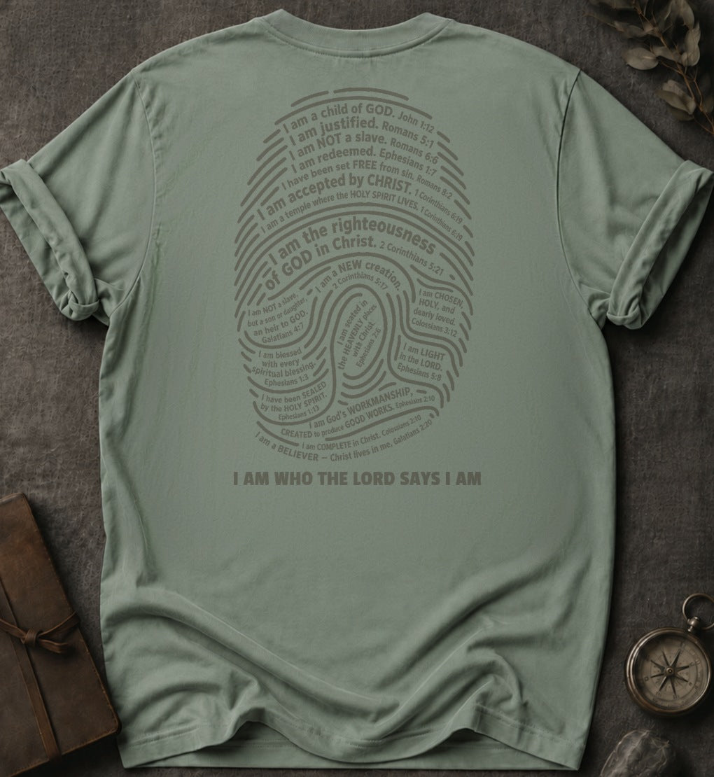 I Am Who The Lord Says I Am Christian T-Shirt (Back Print) in Bay - Comfort Colors 1717 | To His Glory Club