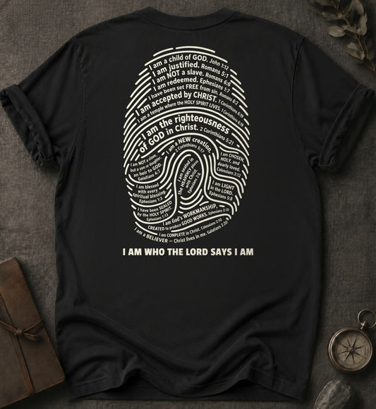 I Am Who The Lord Says I Am Christian T-Shirt (Back Print) in Black - Comfort Colors 1717 | To His Glory Club