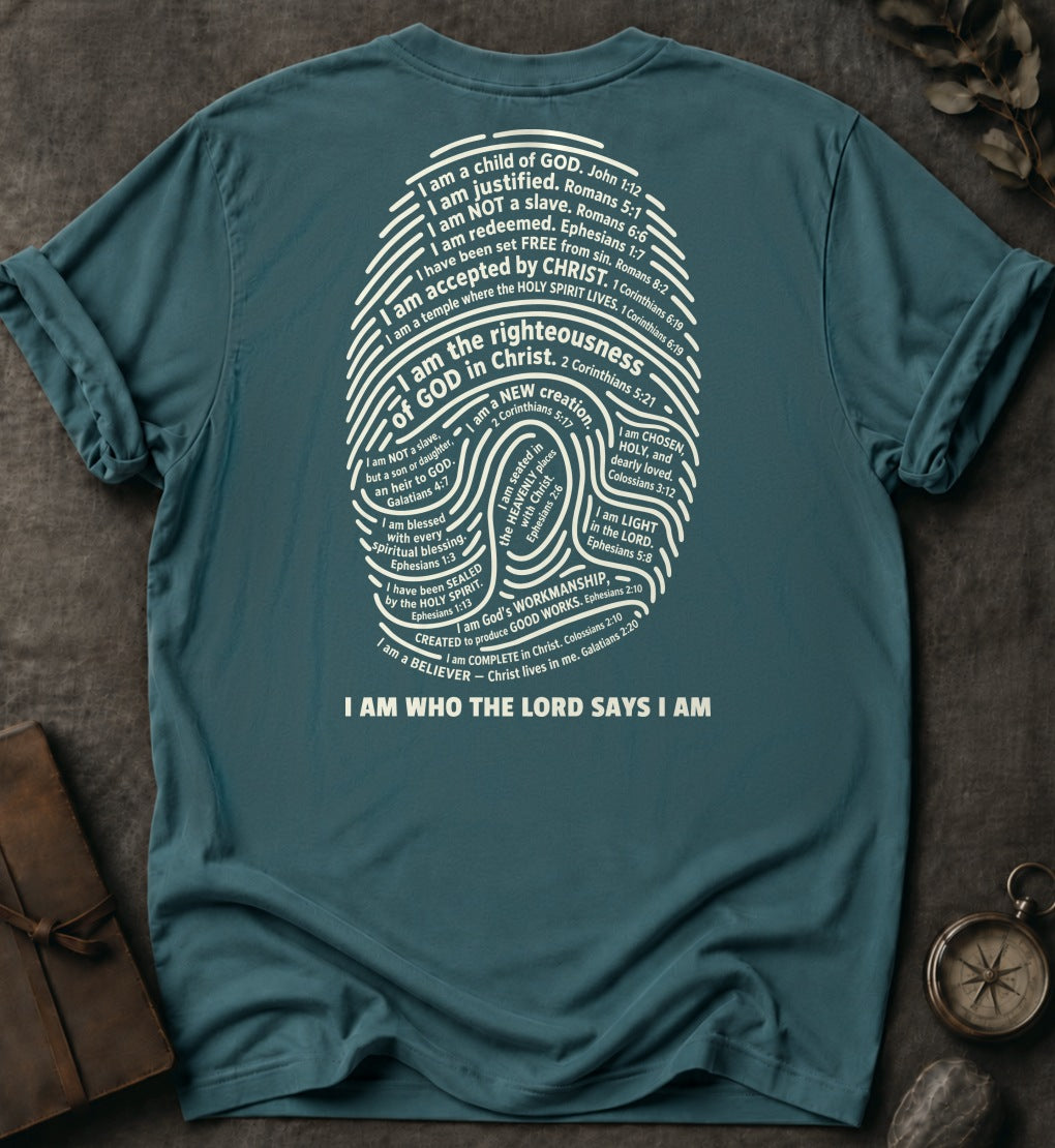 I Am Who The Lord Says I Am Christian T-Shirt (Back Print) in Blue Spruce - Comfort Colors 1717 | To His Glory Club