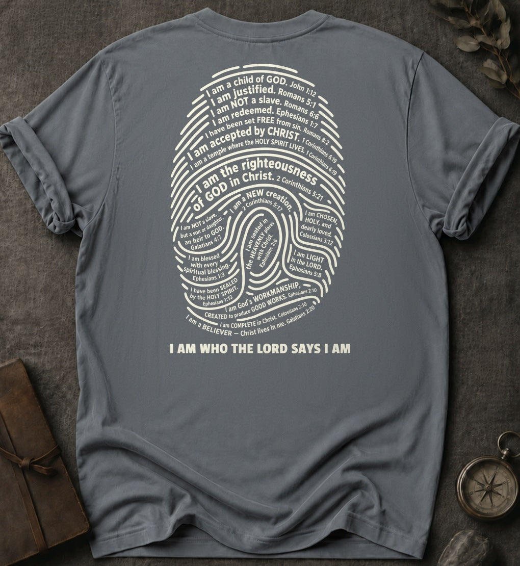 I Am Who The Lord Says I Am Christian T-Shirt (Back Print) in Granite - Comfort Colors 1717 | To His Glory Club