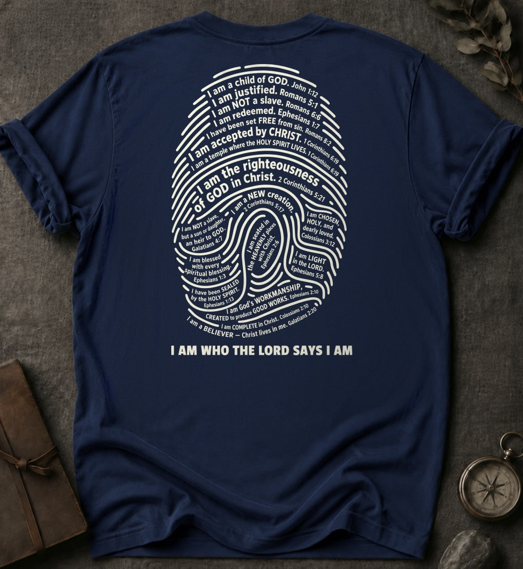 I Am Who The Lord Says I Am Christian T-Shirt (Back Print) in Navy - Comfort Colors 1717 | To His Glory Club