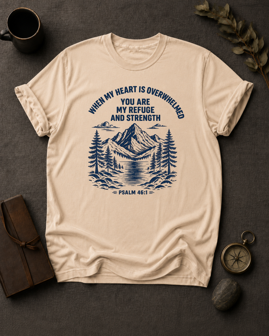 Ivory Comfort Colors t-shirt with 'You Are My Refuge and Strength' Christian design, Psalm 46:1