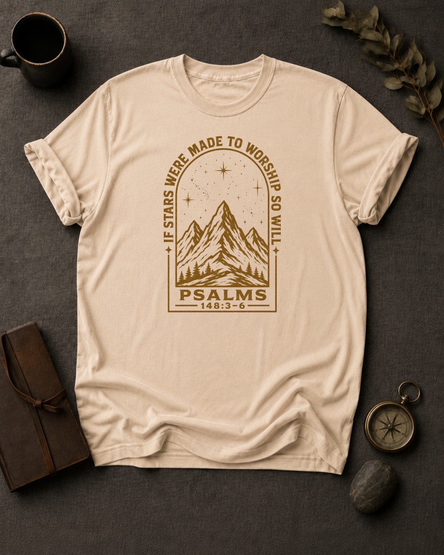 ivory Comfort Colors t-shirt with "If Stars Were Made to Worship So Will I" Psalm 148:3-6 starry mountain arch design