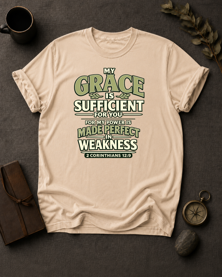 Ivory Comfort Colors t-shirt with 'My Grace Is Sufficient' Christian design, 2 Corinthians 12:9