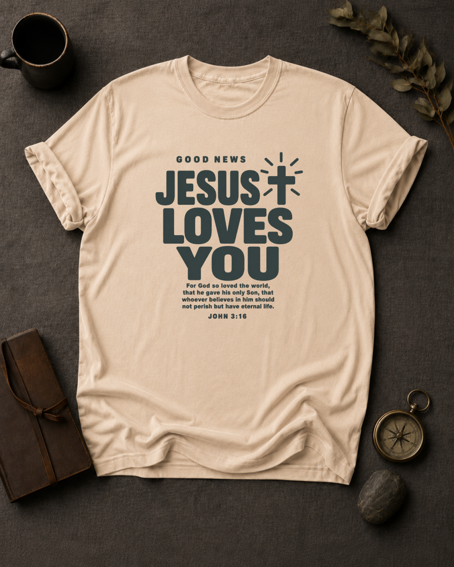 ivory Comfort Colors t-shirt with cross graphic reading 'Good News, Jesus Loves You' and John 3:16 verse"