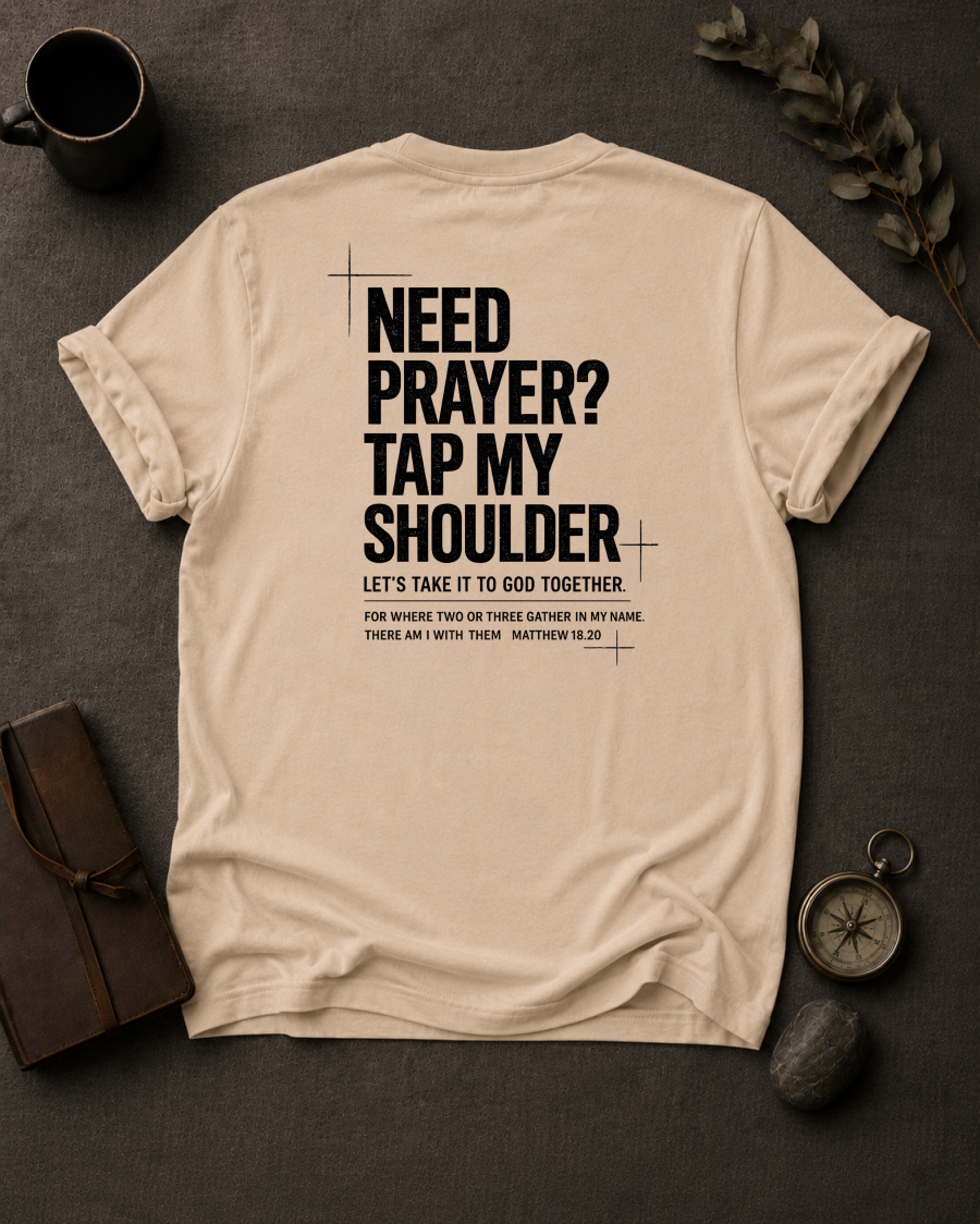 Ivory Comfort Colors t-shirt with 'Need Prayer?' Christian design, Matthew 18:20