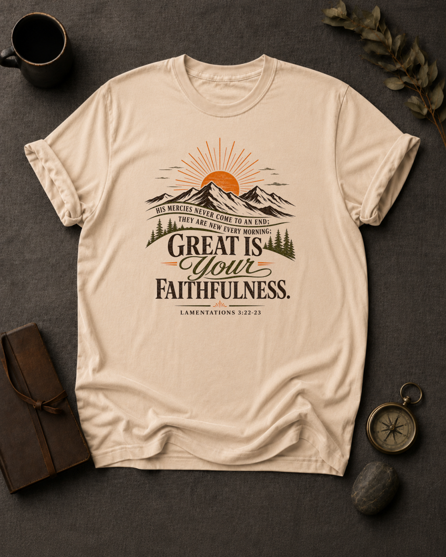 ivory Comfort Colors t-shirt with sunrise mountain design and Lamentations 3:22-23 — 'Great is your faithfulness