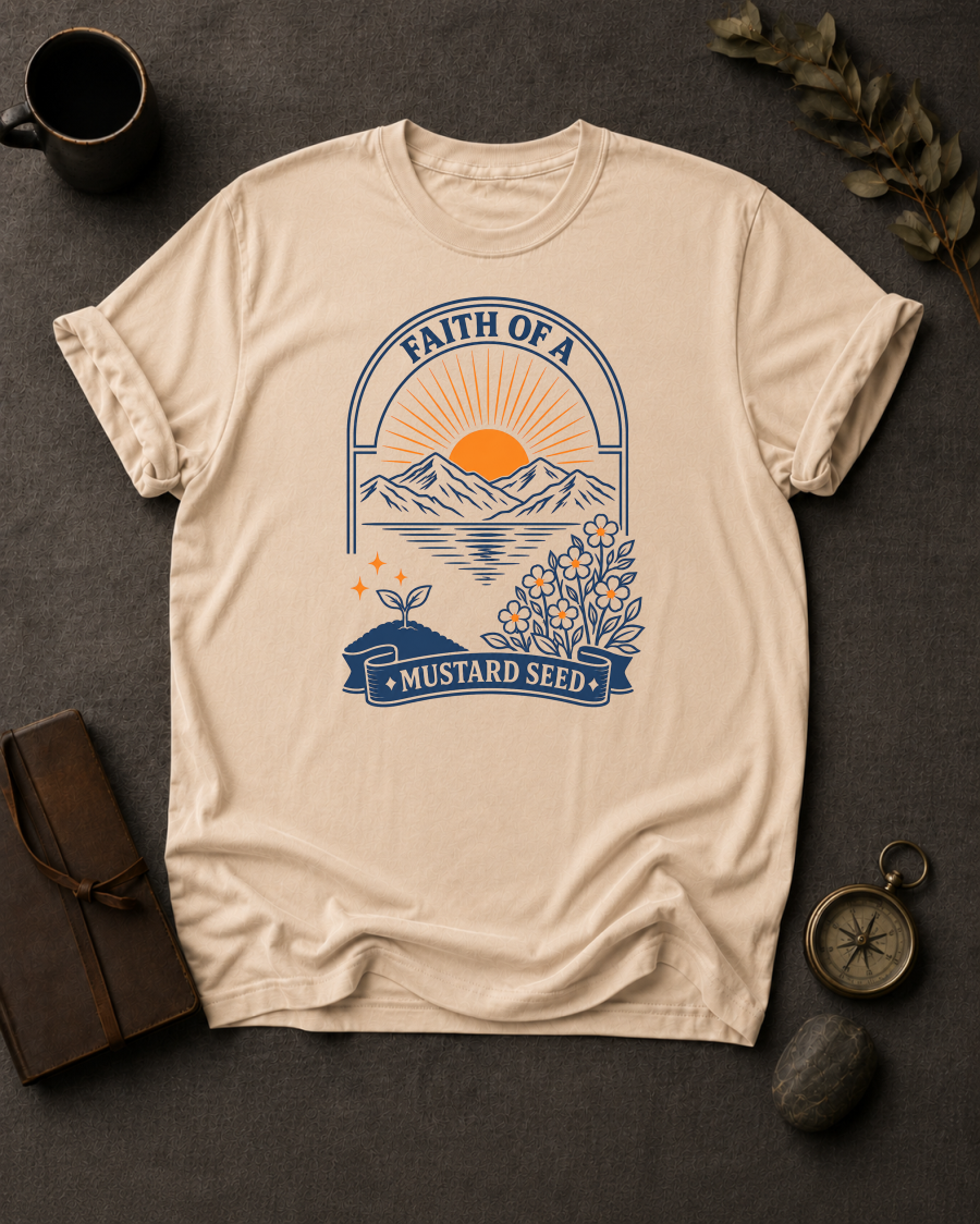 Faith of a Mustard Seed Christian t-shirt in Ivory – Matthew 17:20 back print design | To His Glory Club