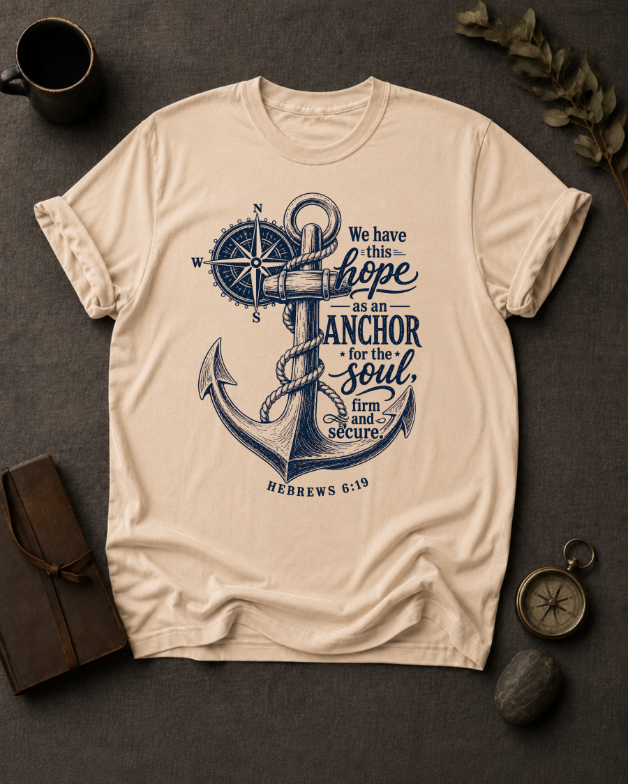 ivory Comfort Colors t-shirt with navy anchor and compass design, Hebrews 6:19 — 'We have this hope as an anchor for the soul'
