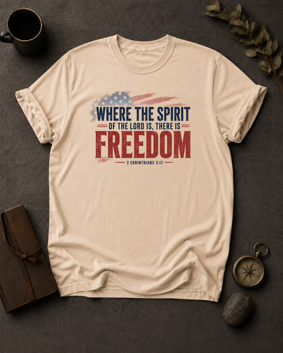 ivory Comfort Colors t-shirt with distressed American flag and navy/red typography, 2 Corinthians 3:17 — 'Where the Spirit of the Lord is, there is freedom