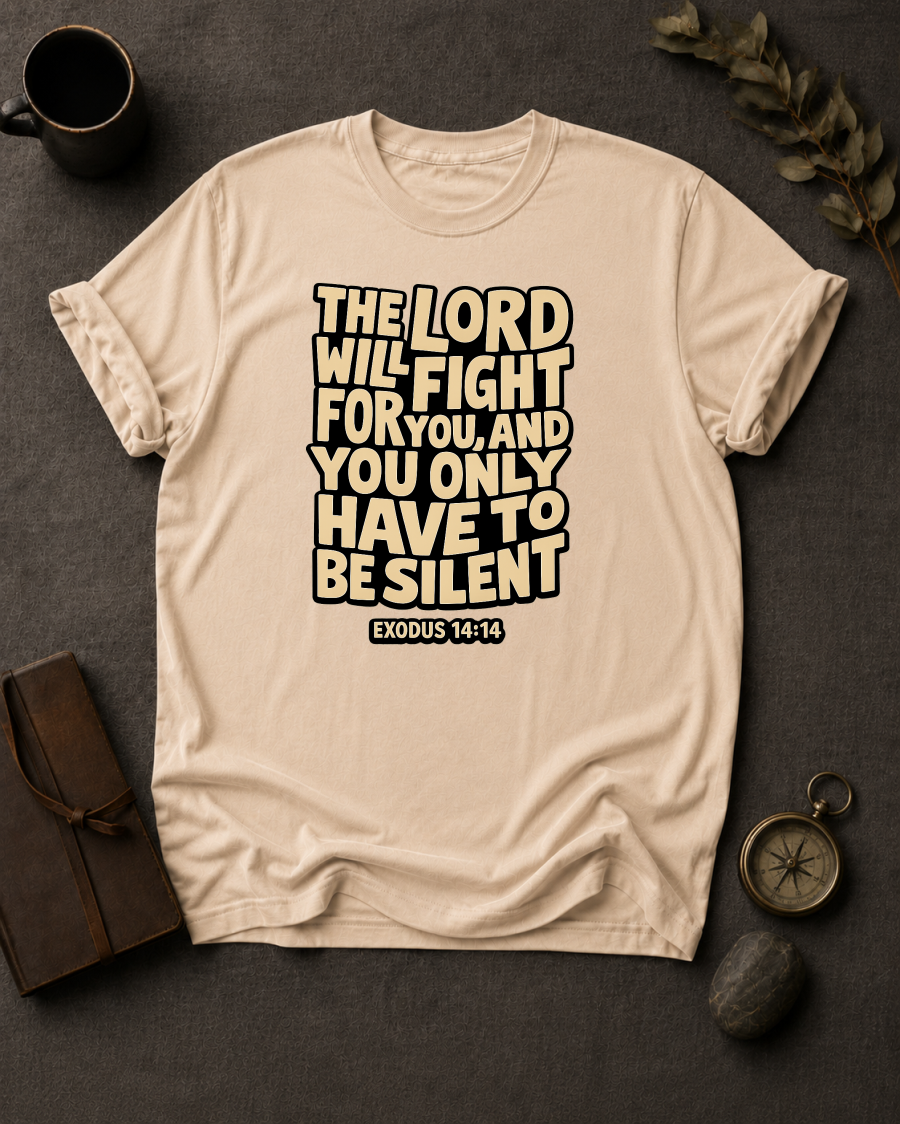 Ivory Comfort Colors t-shirt with 'The Lord Will Fight for You' Christian design, Exodus 14:14