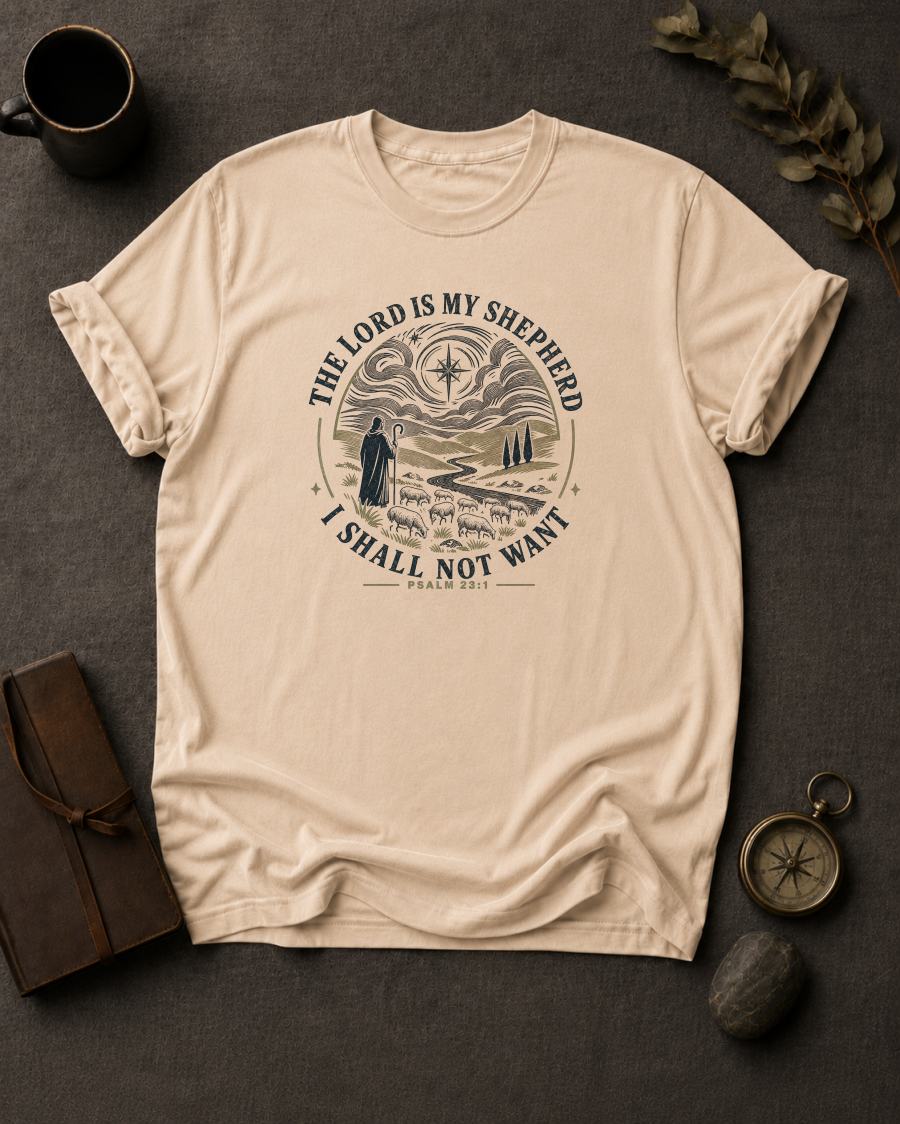 ivory omfort Colors t-shirt with "The Lord Is My Shepherd I Shall Not Want" Psalm 23:1 shepherd and flock illustration in Bay colorway, styled with coffee mug, compass, and leather journal