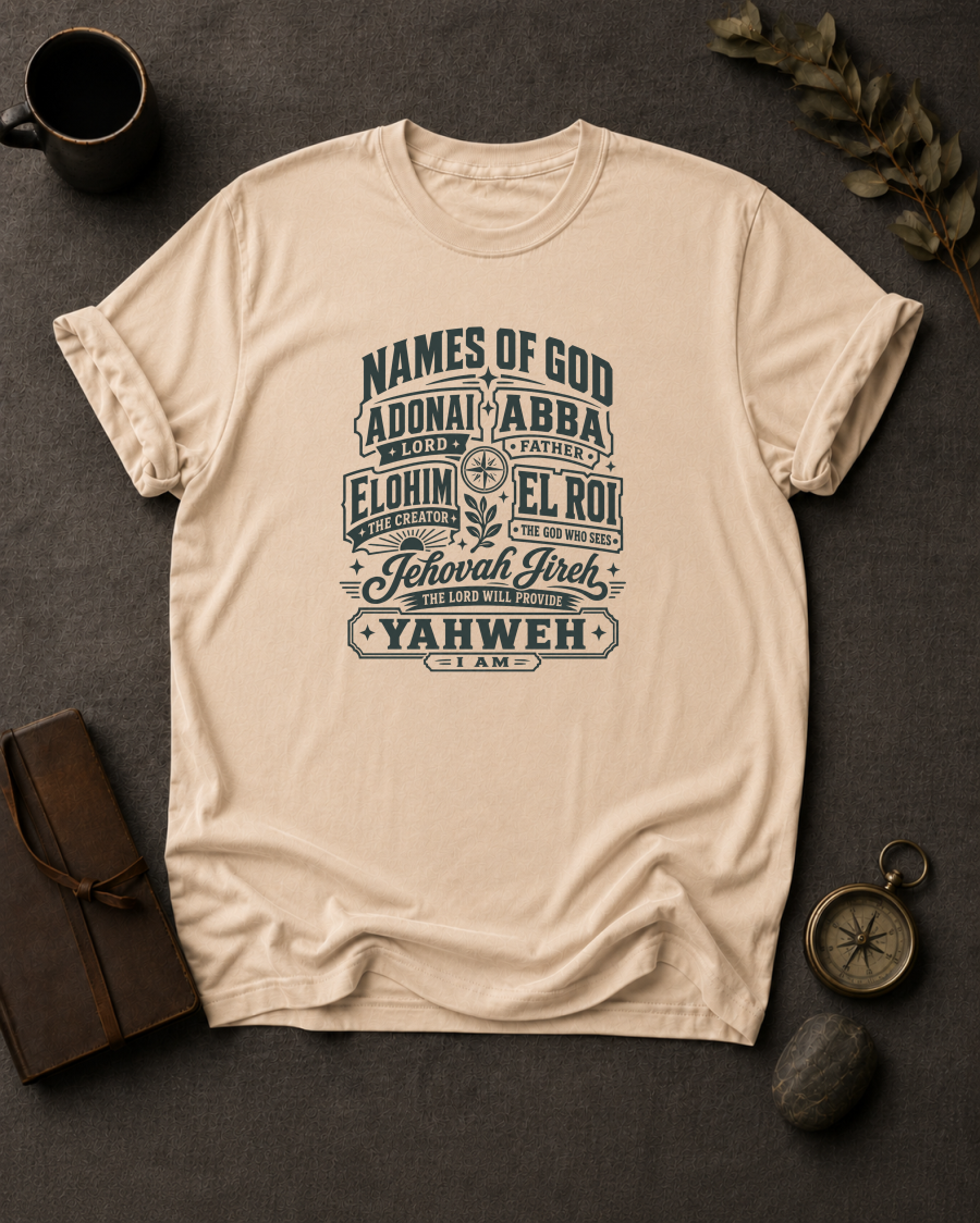 ivory Comfort Colors t-shirt with vintage badge design listing the Names of God — Adonai, Abba, Elohim, El Roi, Jehovah Jireh, Yahweh"