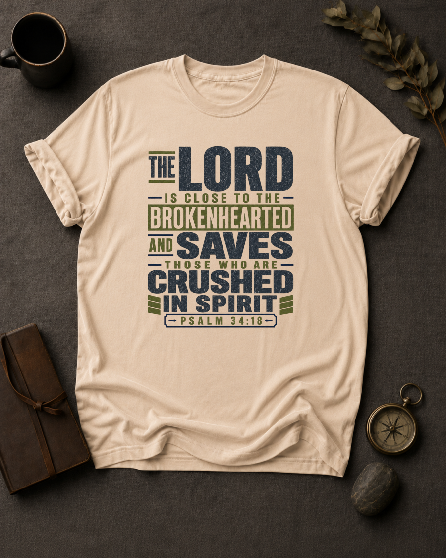 ivory Comfort Colors t-shirt with navy and olive Psalm 34:18 typography design — 'The Lord is close to the brokenhearted'"