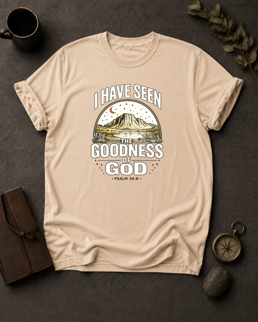 Ivory Comfort Colors t-shirt with 'I Have Seen the Goodness of God' Christian design, Psalm 34:8
