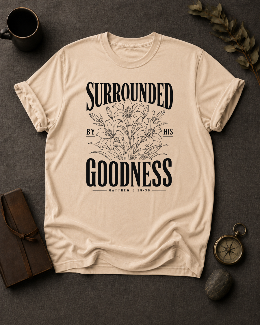 Surrounded By His Goodness | Matthew 6:28-30 Christian T-Shirt