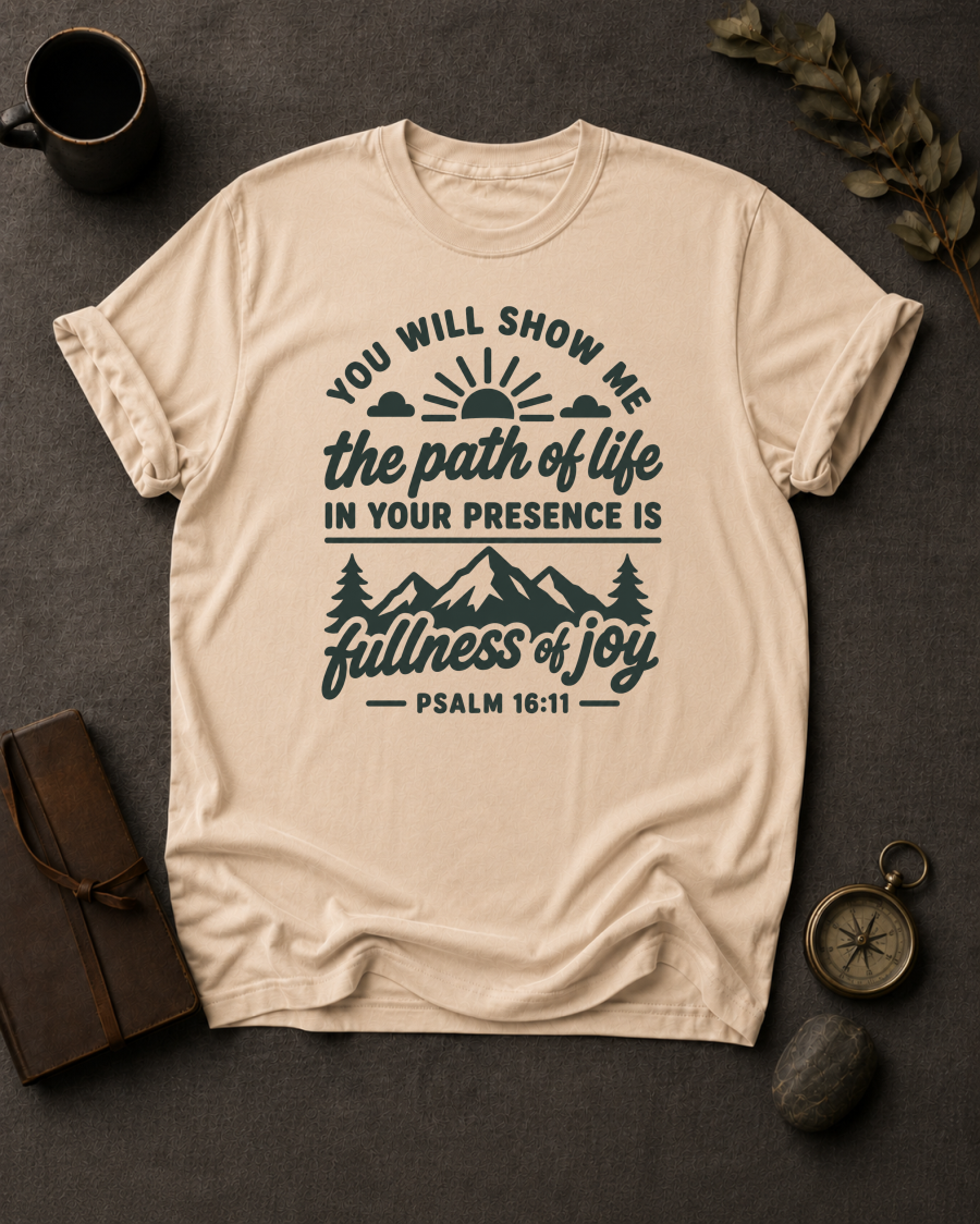 ivory Comfort Colors t-shirt with sunrise mountain design and Psalm 16:11 — 'You will show me the path of life, fullness of joy