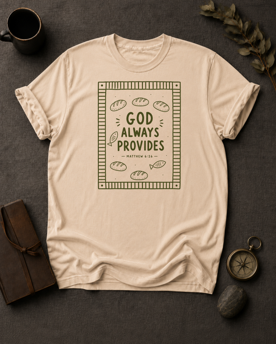ivory Comfort Colors t-shirt with bread and fish bordered design and Matthew 6:26 — 'God Always Provides'