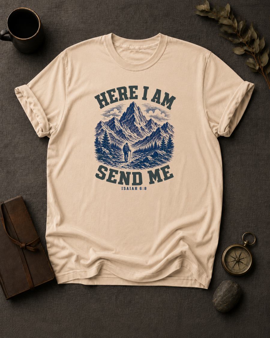 Ivory Comfort Colors t-shirt with 'Here I Am Send Me' Christian design, Isaiah 6:8