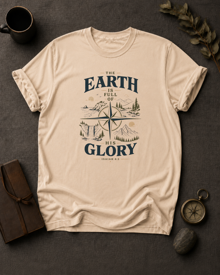 ivory Comfort Colors t-shirt with "The Earth Is Full of His Glory" Isaiah 6:3 compass rose landscape design in Bay colorway, styled with coffee mug, compass, and leather journal