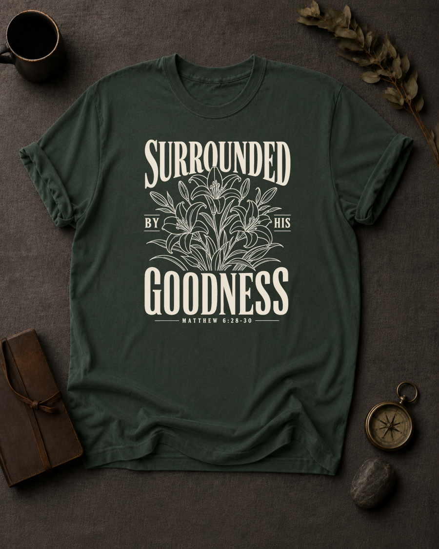Surrounded By His Goodness | Matthew 6:28-30 Christian T-Shirt