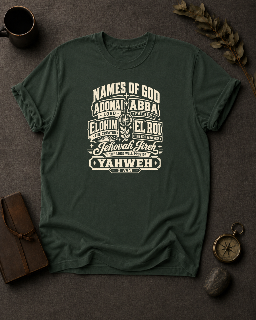 moss Comfort Colors t-shirt with vintage badge design listing the Names of God — Adonai, Abba, Elohim, El Roi, Jehovah Jireh, Yahweh"