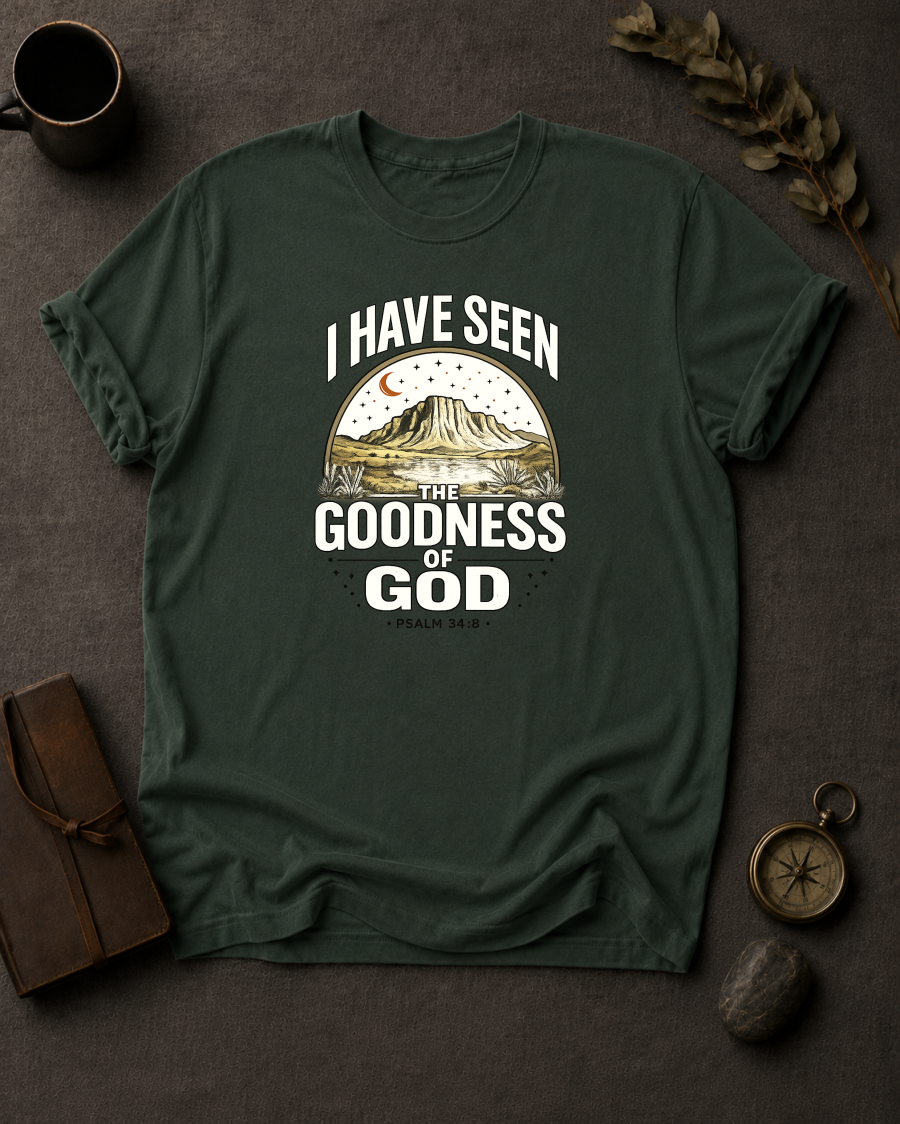 Moss Comfort Colors t-shirt with 'I Have Seen the Goodness of God' Christian design, Psalm 34:8