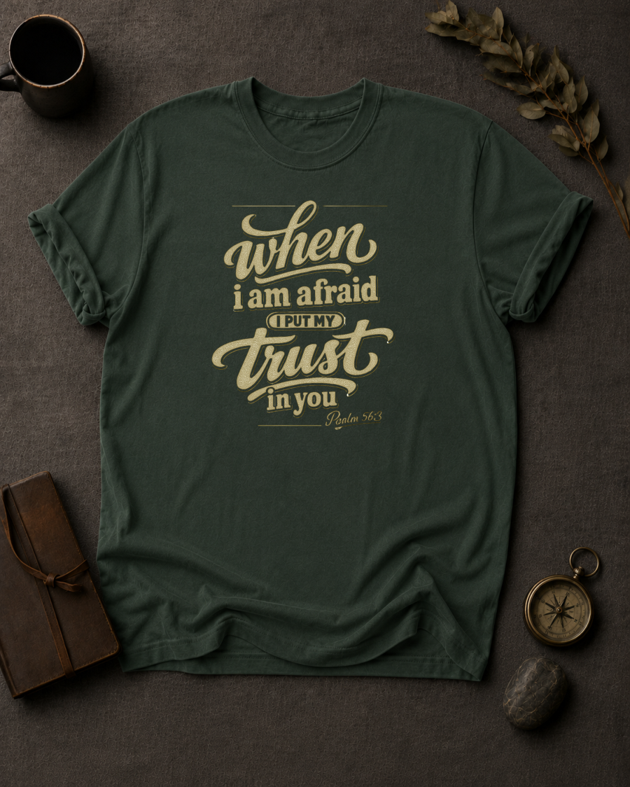 I Put My Trust in You Christian t-shirt in Moss – Psalm 56:3 back print design | To His Glory Club