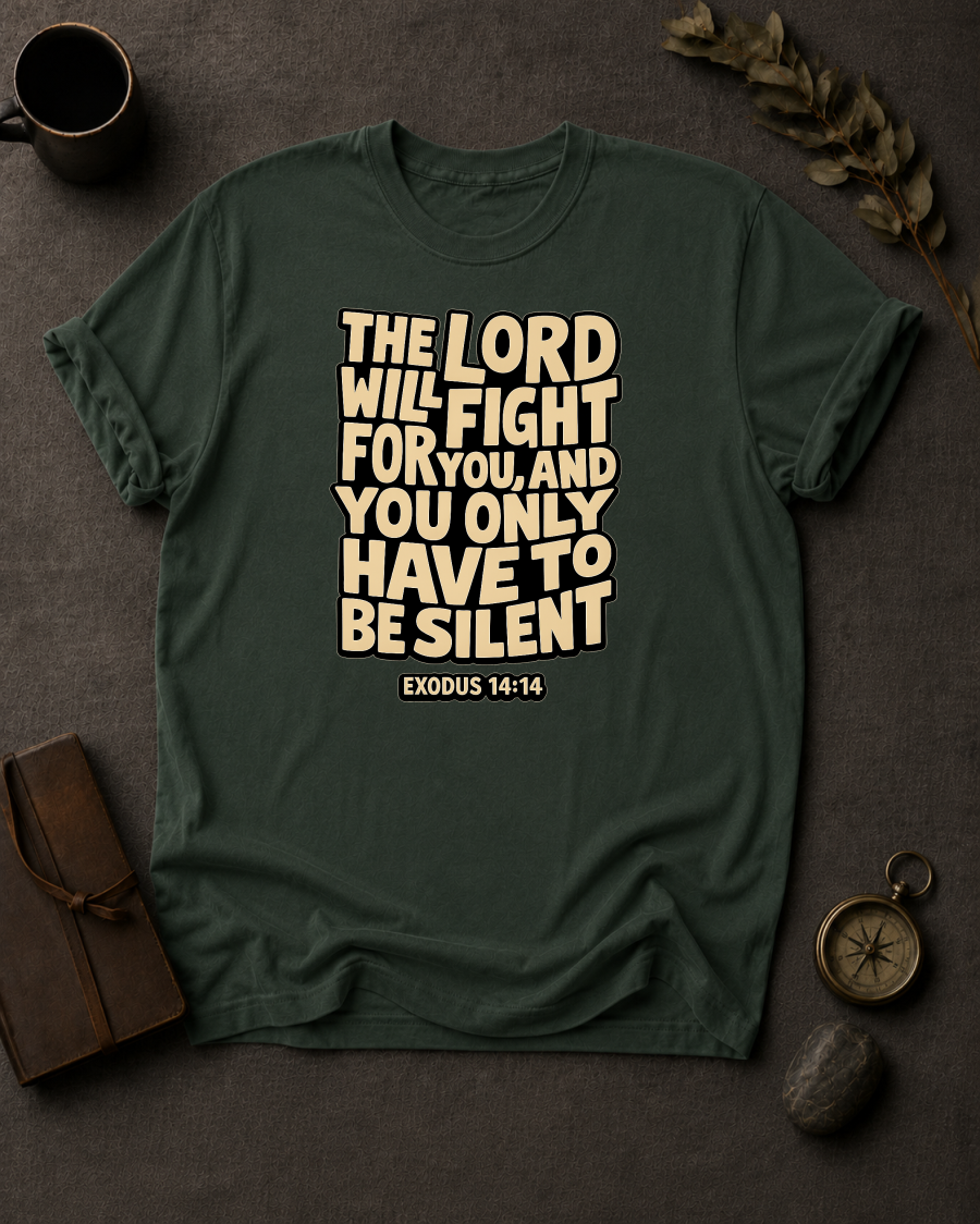 Moss Comfort Colors t-shirt with 'The Lord Will Fight for You' Christian design, Exodus 14:14