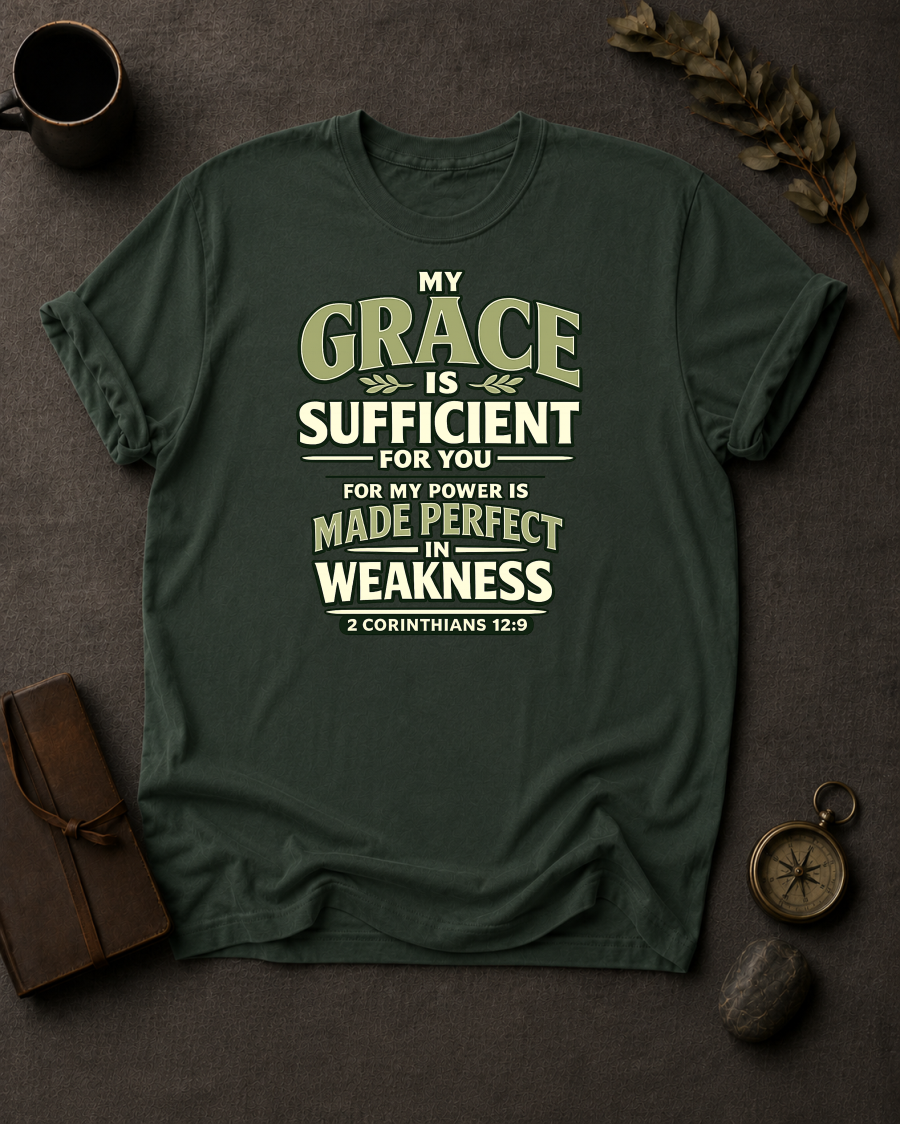 Moss Comfort Colors t-shirt with 'My Grace Is Sufficient' Christian design, 2 Corinthians 12:9