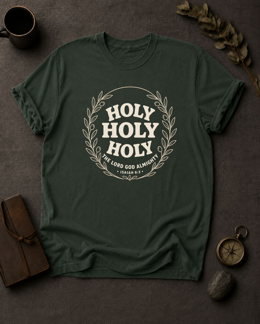 Moss Comfort Colors t-shirt with "Holy Holy Holy" Isaiah 6:3 wreath