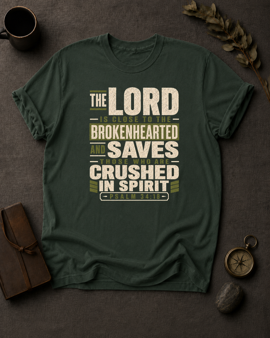 moss Comfort Colors t-shirt with navy and olive Psalm 34:18 typography design — 'The Lord is close to the brokenhearted'"