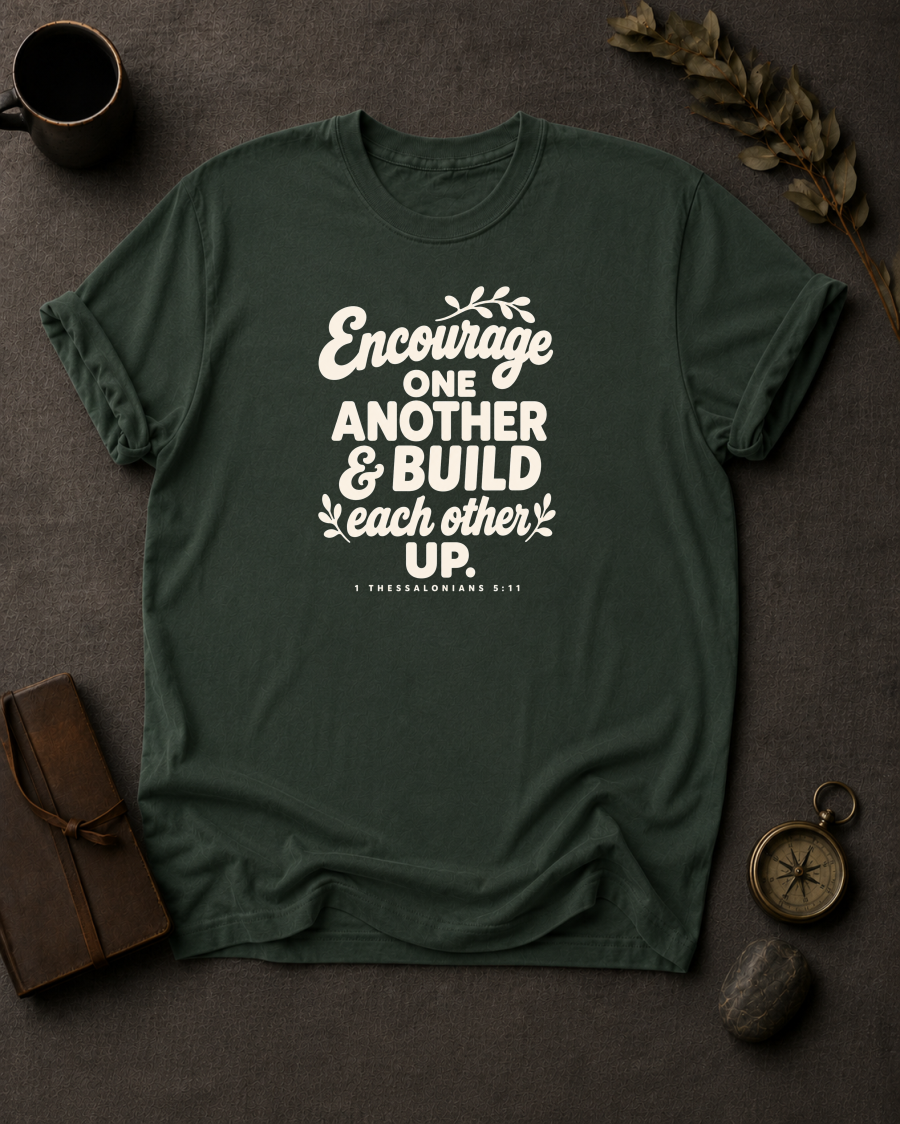 moss Comfort Colors t-shirt with hand-lettered "Encourage One Another & Build Each Other Up" 1 Thessalonians 5:11 design in Bay colorway, styled with coffee mug, compass, and leather journal