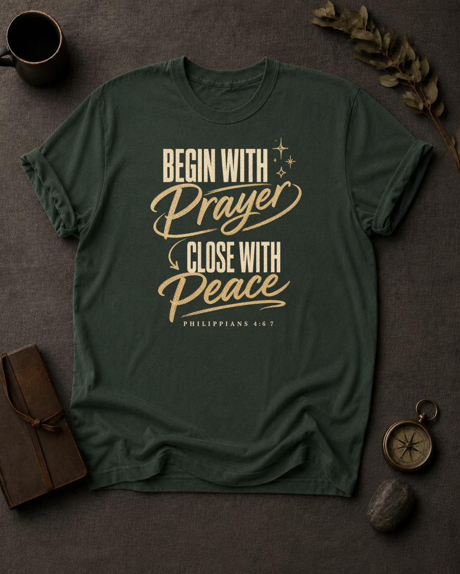 Begin with Prayer, Close with Peace | Philippians 4:6-7 Christian T-Shirt