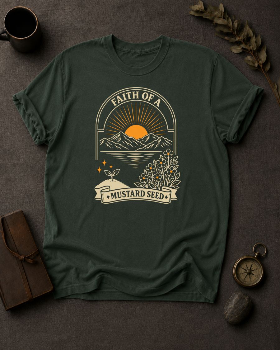 Faith of a Mustard Seed Christian t-shirt in Moss – Matthew 17:20 back print design | To His Glory Club