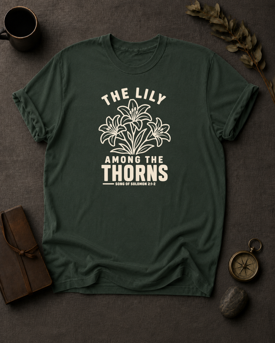 moss Comfort Colors t-shirt with "The Lily Among the Thorns" Song of Solomon 2:1-2 lily flower design in Bay colorway, styled with coffee mug, compass, and leather journal
