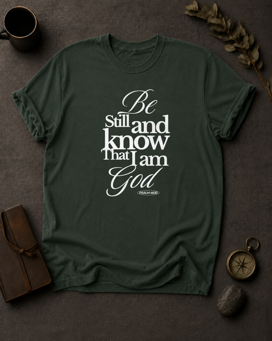 Be Still and Know That I Am God — Psalm 46:10 t-shirt Comfort colors 1717 Moss