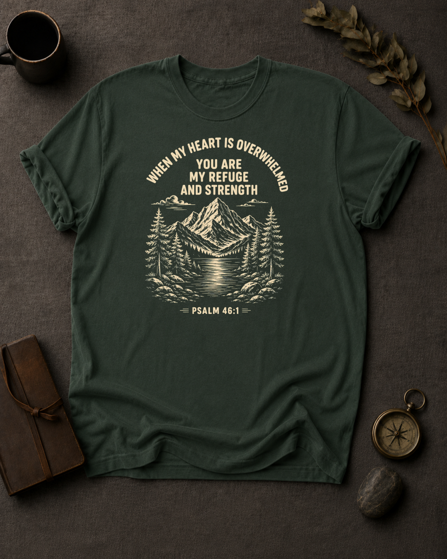 Moss Comfort Colors t-shirt with 'You Are My Refuge and Strength' Christian design, Psalm 46:1