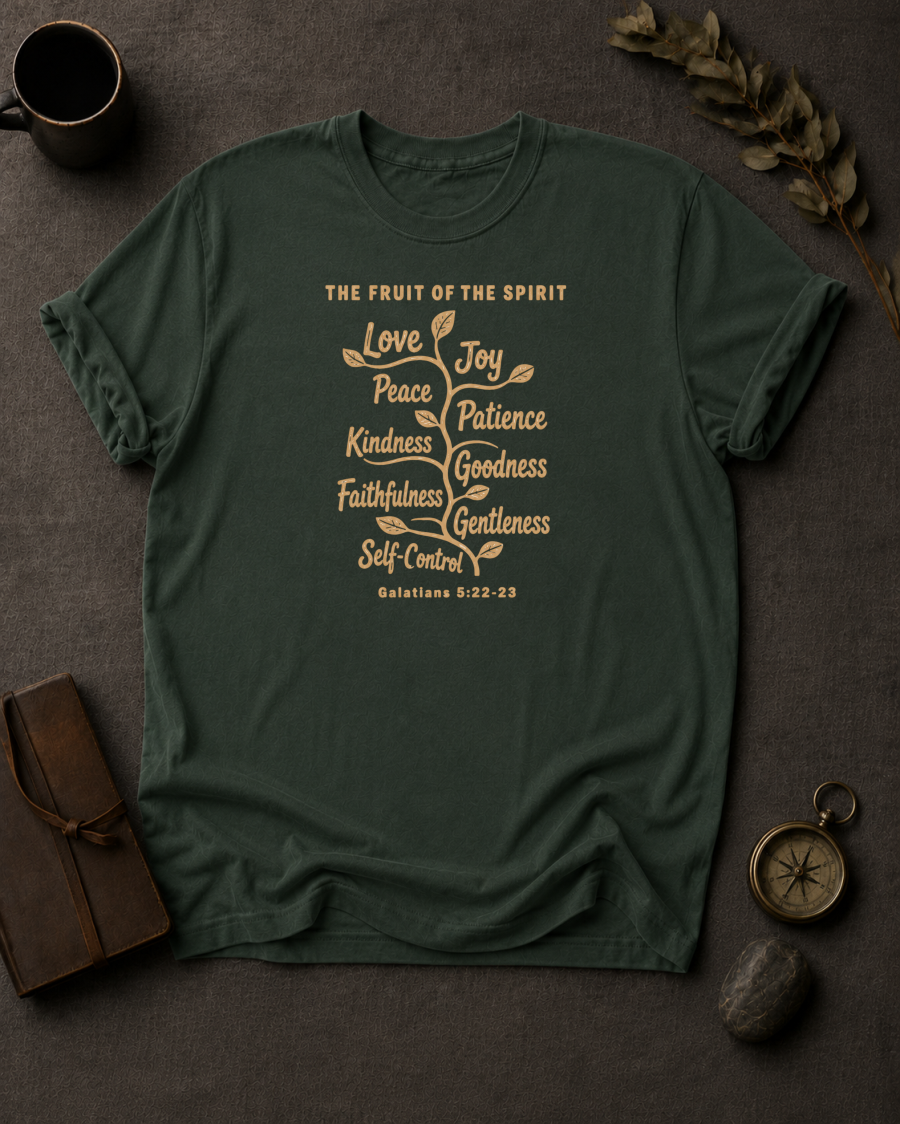 moss Comfort Colors t-shirt with vine illustration listing the Fruit of the Spirit — love, joy, peace, patience, kindness, goodness, faithfulness, gentleness, self-control — Galatians 5:22-23"