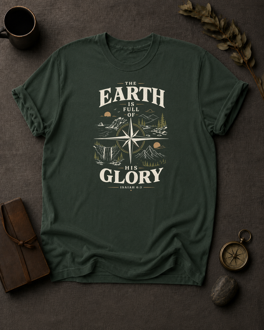 moss Comfort Colors t-shirt with "The Earth Is Full of His Glory" Isaiah 6:3 compass rose landscape design in Bay colorway, styled with coffee mug, compass, and leather journal