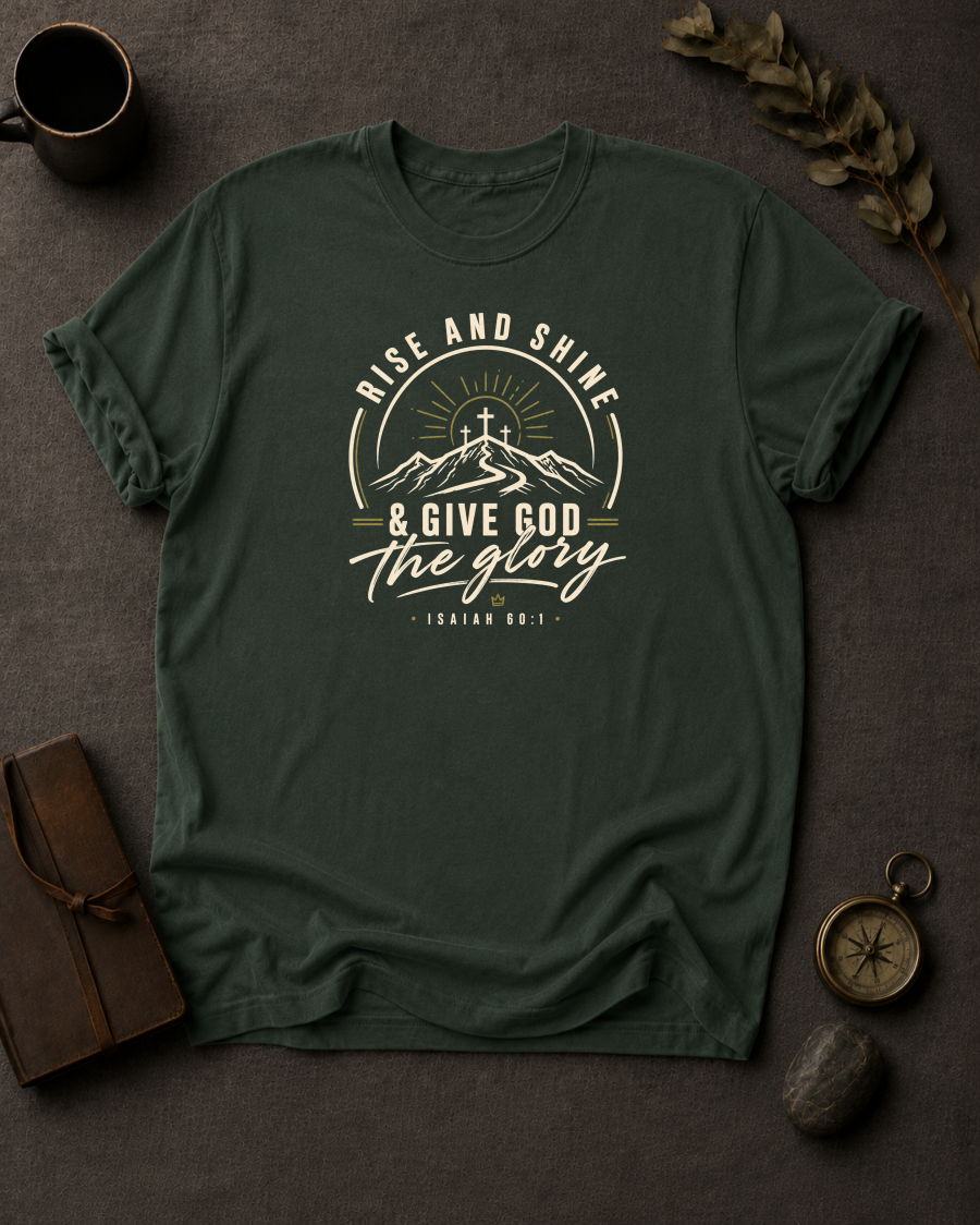 moss Comfort Colors t-shirt with "Rise and Shine & Give God the Glory" Isaiah 60:1 mountain sunrise cross design in Bay colorway, styled with coffee mug, compass, and leather journal